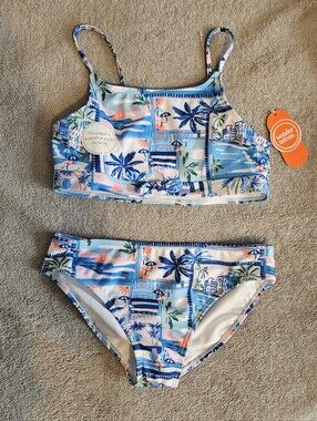 wonder nation Girls Blue Pink Tropical Print Bikini Set L (10-12)